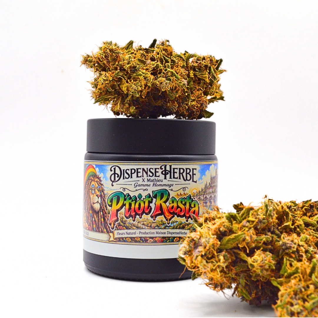 Pot P’tiot Rasta Rainbow Sherbet DispenseHerbe × Mathieu avec une fleur sur le couvercle et une fleur au premier plan.
