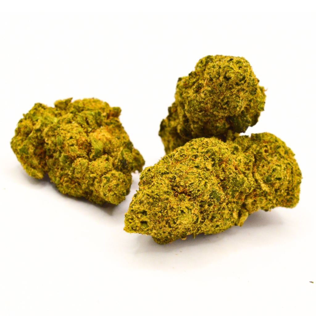 Trois fleurs de CBD Skunk Jam vertes, présentées sur fond blanc.