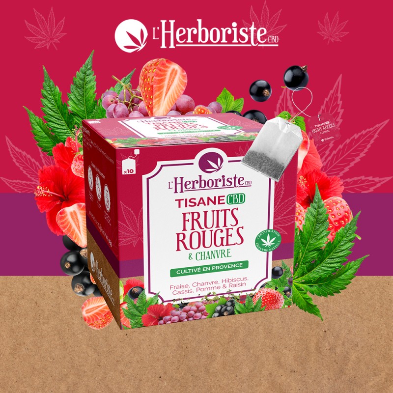 Visuel L’Herboriste de la tisane CBD Fruits Rouges, avec sa boîte rose, un sachet et des baies.