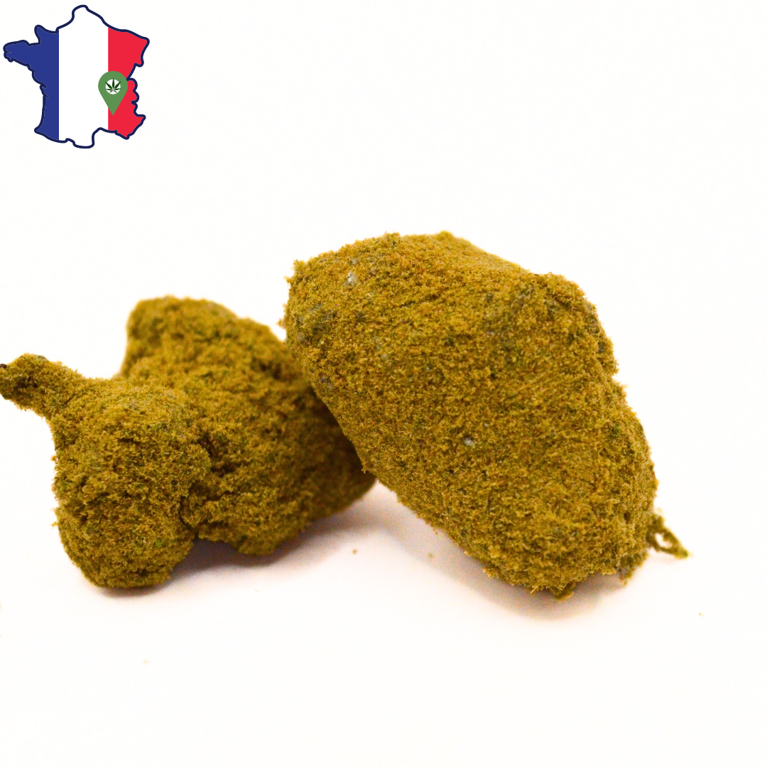 Deux Moonrocks CBD/CBN enrobées de pollen doré, sur fond blanc avec un pictogramme de la France.