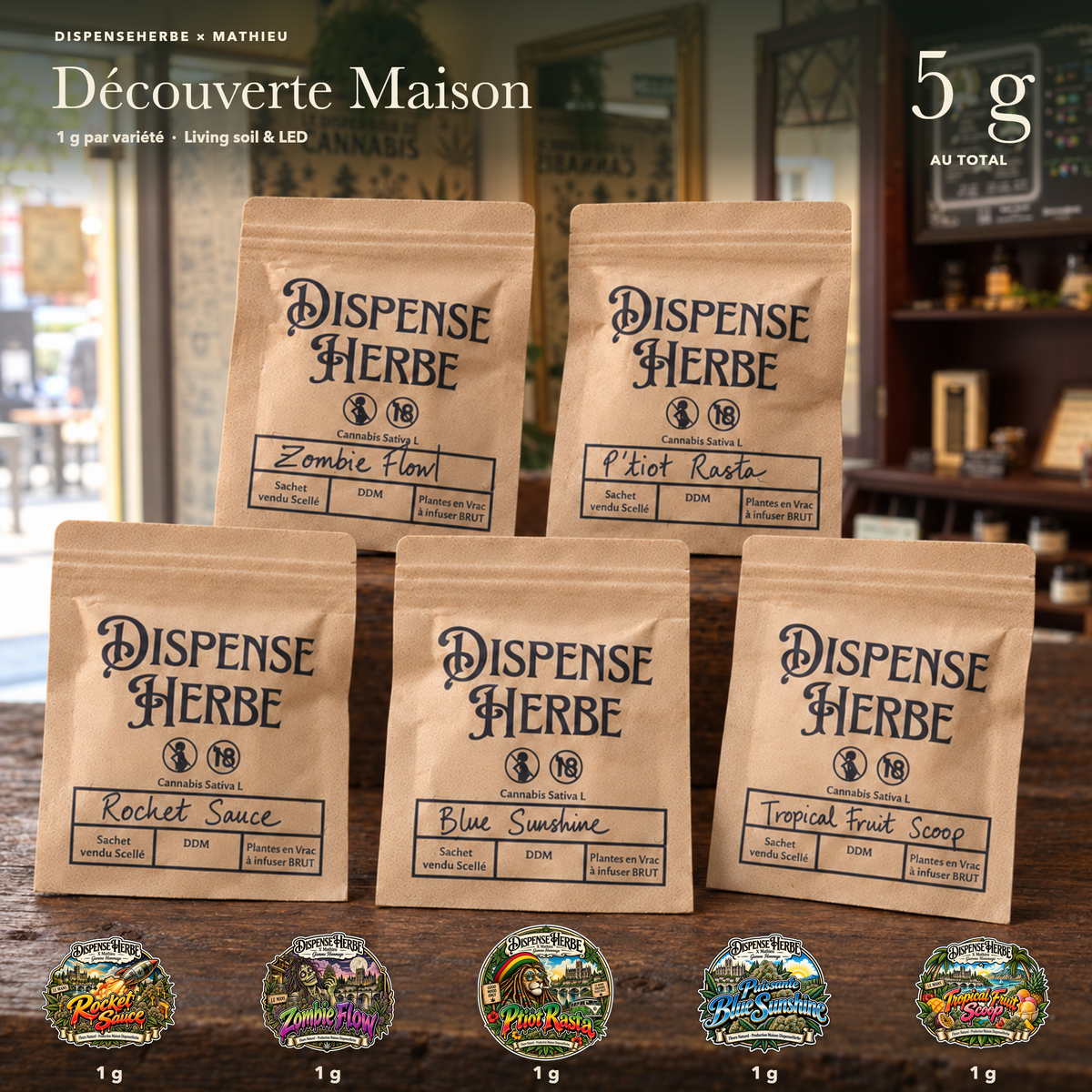 Visuel Découverte Maison 5 g : cinq sachets de fleurs CBD DispenseHerbe × Mathieu, soit 1 g de chaque variété.