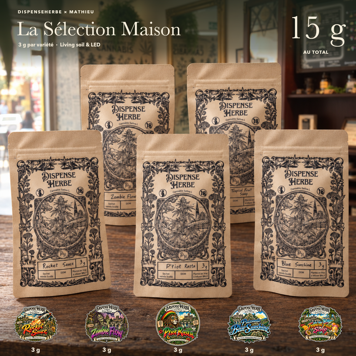 Visuel La Sélection Maison 15 g : cinq sachets de fleurs CBD DispenseHerbe × Mathieu, soit 3 g de chaque variété.